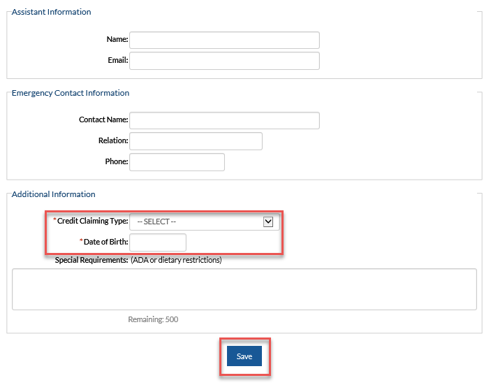 Screen shot of a continuation of the Step 2 of 2 Edit Profile page with Credit Claiming Type and Date of Birth fields and Save button highlighted 